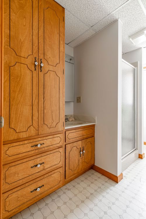 Bathroom with a tall wood linen cabinet and vanity beside a frosted-glass shower stall