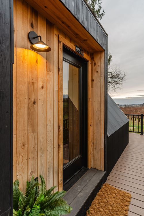 Close view of a cedar-clad exterior wall with sconce lighting and a potted fern