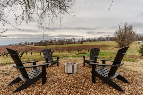 Four black Adirondack chairs around a fire pit overlooking dormant orchard rows and rolling hills