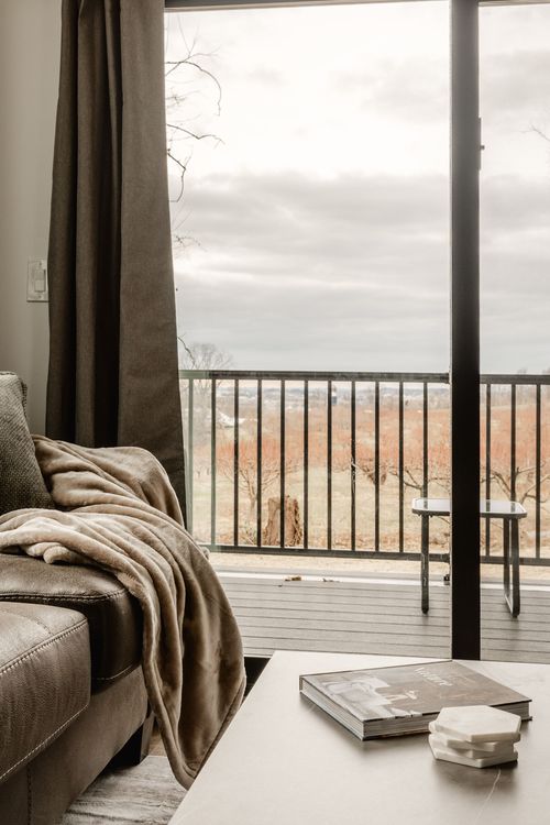 Close view of a leather sofa with a cozy throw blanket beside a glass door overlooking the orchard