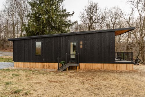 Black modern tiny cabin exterior with cedar skirting and covered deck under bare trees