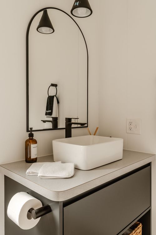Arched mirror and pendant lights above a black-faucet vessel sink with a toilet paper holder