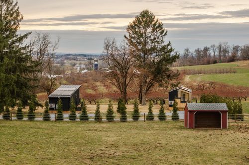 Aerial view of two tiny cabins nestled among evergreens with a distant silo and farmland