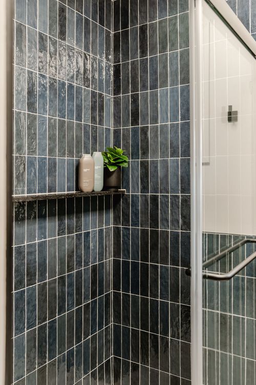 Navy tile shower niche holding shampoo bottles and greenery