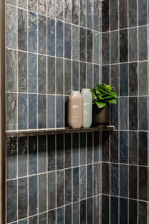 Shower niche with toiletries and a plant set into deep blue vertical tile
