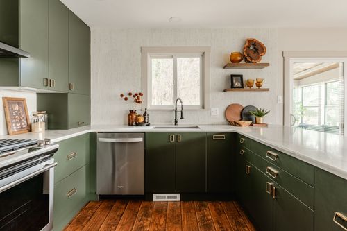 Kitchen with green cabinets, a stainless dishwasher and floating shelves with decor