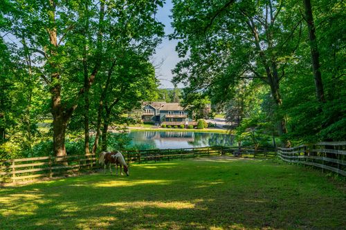 Horse grazing in a fenced pasture beside a pond with a home in the background