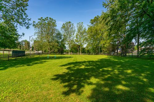 Fenced grassy pasture bordered by trees with an agility pole set in the yard