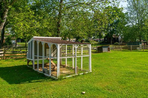 White wood chicken coop with an arched wire run set on a grassy lawn