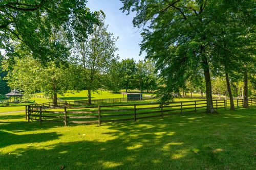 Split-rail fenced pasture with a soccer goal set beneath mature shade trees
