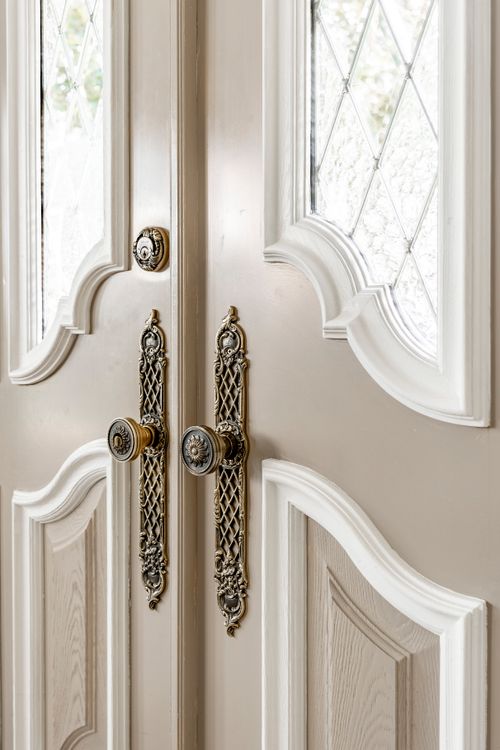 Close-up of ornate brass door handles and hardware on a double entry door