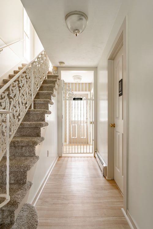 Carpeted stairway hallway with an ornate white iron railing and a safety gate below