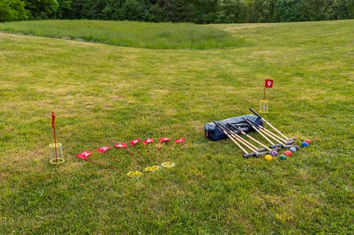 Croquet and bocce set laid out on an open lawn bordered by trees