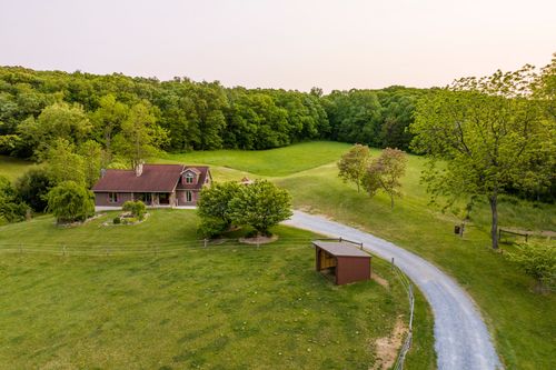 Aerial view of an open grassy pasture bordered by dense woodland