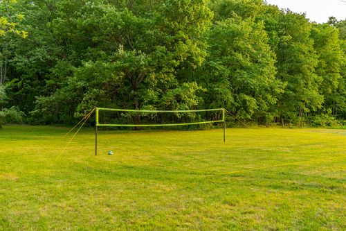 Volleyball net set up on an open lawn bordered by trees
