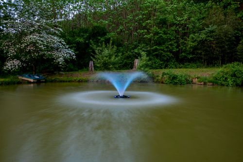 Pond fountain lit blue at dusk surrounded by trees