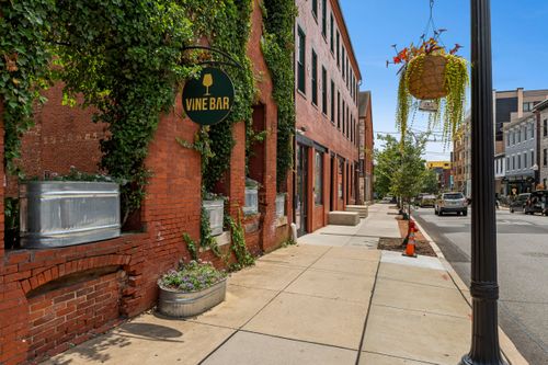 Vine Bar sign on an ivy-covered brick storefront with a hanging flower basket