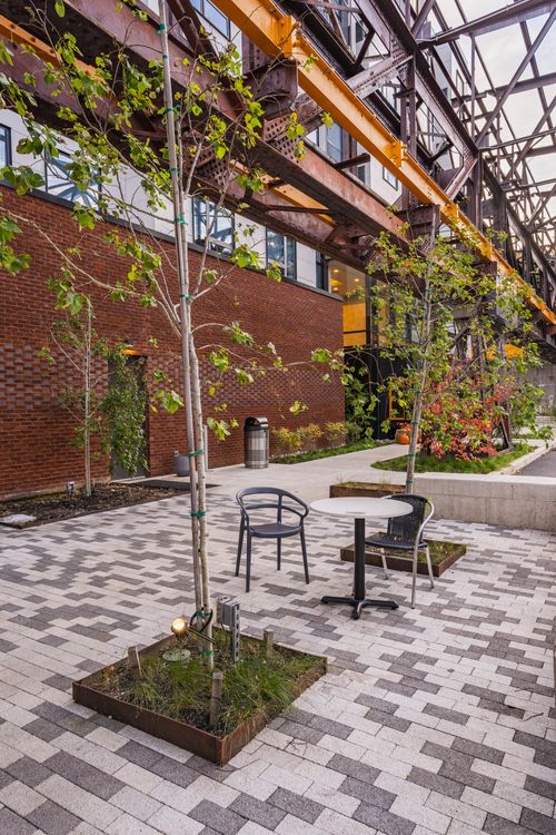 Paver plaza with a cafe table, young trees and a steel trestle overhead