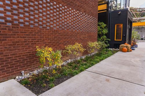 Landscaped planting bed of dwarf shrubs and river stone along a brick wall