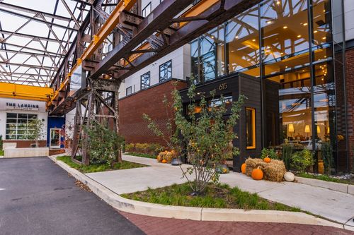 Landscaped entry courtyard with young trees, pumpkins and hay bales