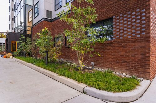Brick building corner with landscaped shrub beds and a concrete curb