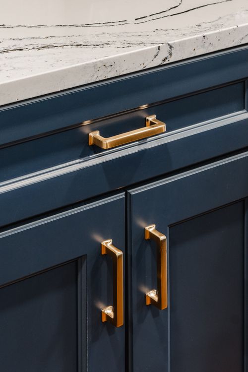 Navy kitchen island with a hanging plant and dining table visible beyond
