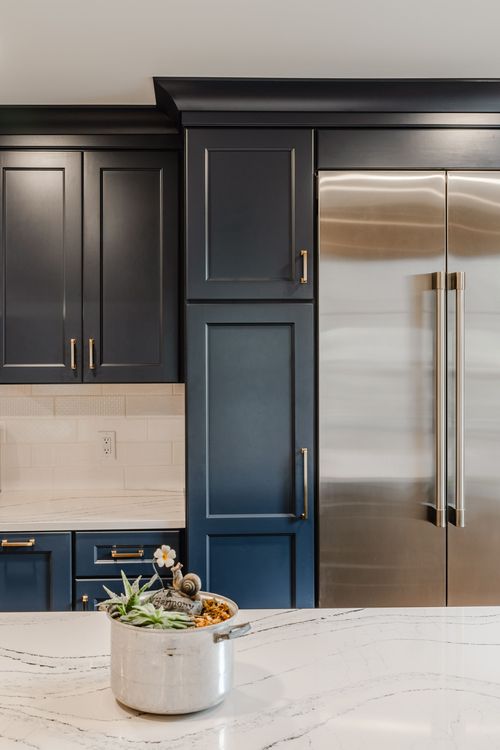 Stainless paneled refrigerator doors beside a quartz counter with a succulent planter