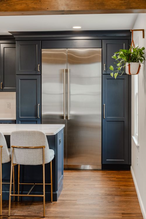 Close-up of stainless paneled refrigerator doors with a hanging plant nearby