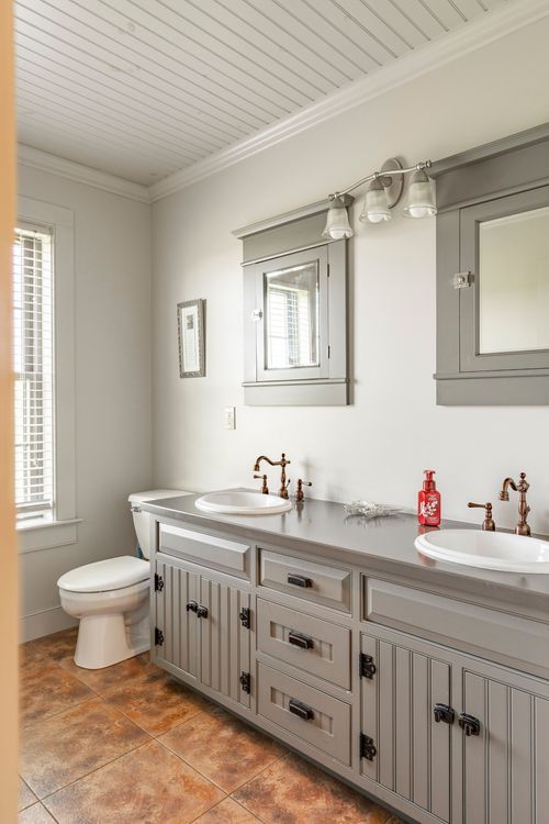 Bathroom with a gray double vanity, mirrored medicine cabinets and terracotta tile floor