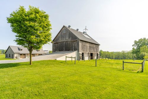 Weathered barn beside a young tree and curving gravel driveway