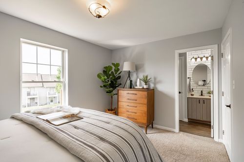Bedroom with a potted plant, wood dresser and a view into an ensuite bathroom