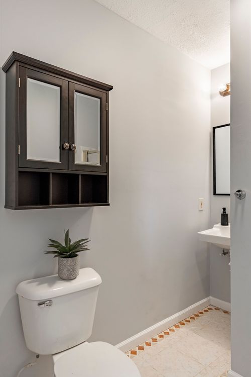 Bathroom with a dark wood medicine cabinet and patterned tile flooring
