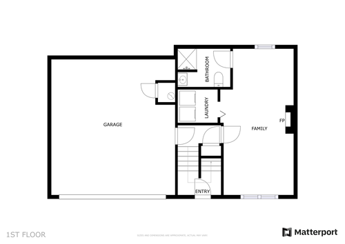 Floor plan diagram of the first floor showing the garage, family room and laundry