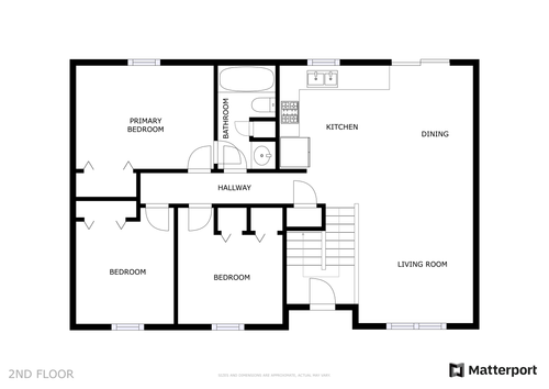 Floor plan diagram of the second floor showing bedrooms, kitchen and living room