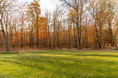 Manicured lawn bordered by colorful autumn trees and fallen leaves