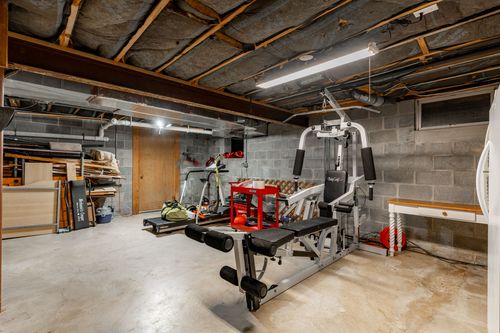 Basement home gym with a weight bench, treadmill and multi-station exercise machine