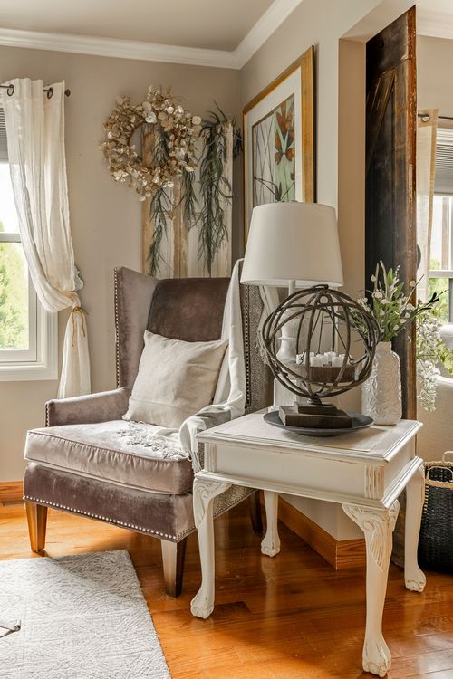 Reading chair corner with a mauve velvet wingback chair and a spherical orb table lamp