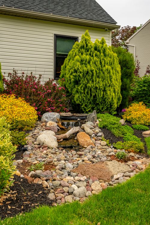 Landscaped garden bed with manicured evergreens and a small rock waterfall feature